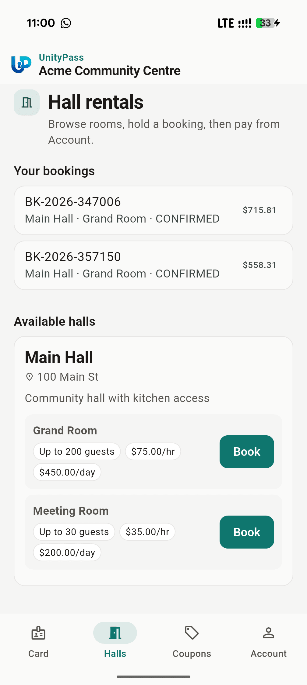Book a hall screenshot